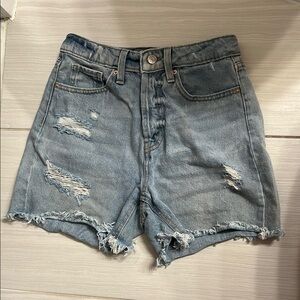 High Rise Light Blue Midi Jean Shorts